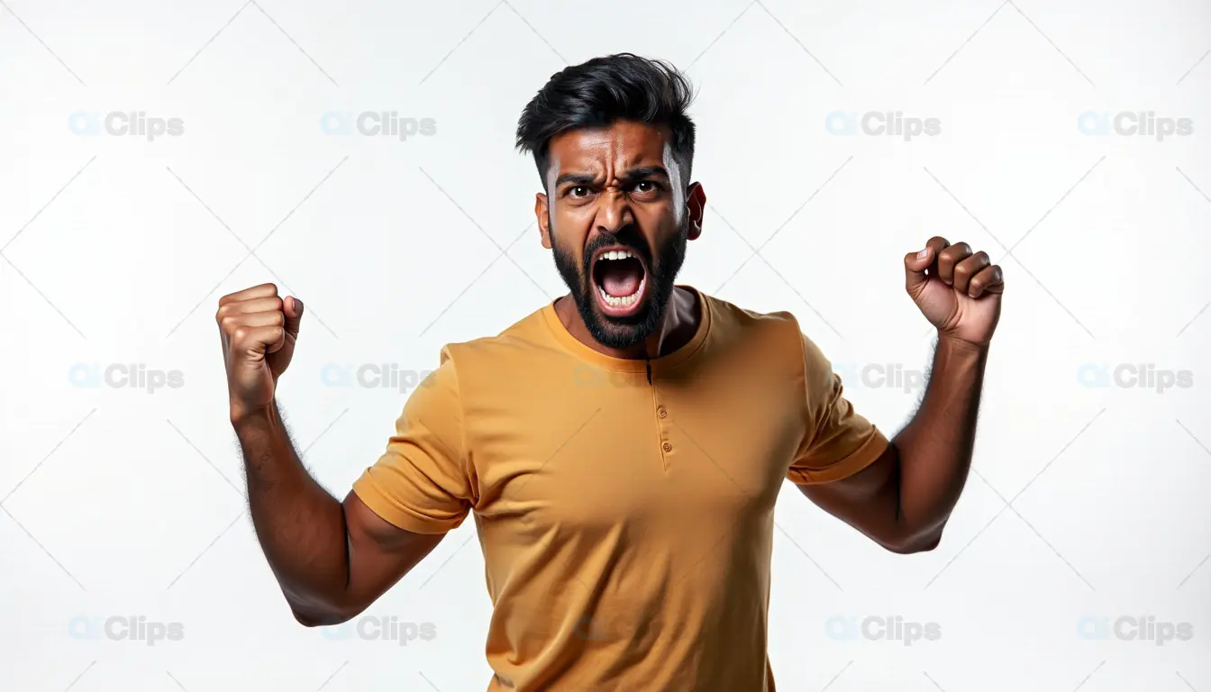 Angry Man Yelling with Raised Fists