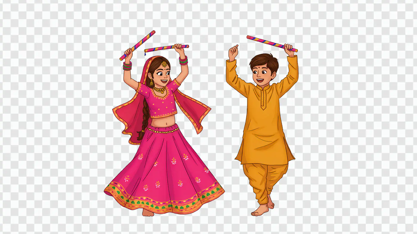 Joyful Children Playing Dandiya Dance with Sticks PNG