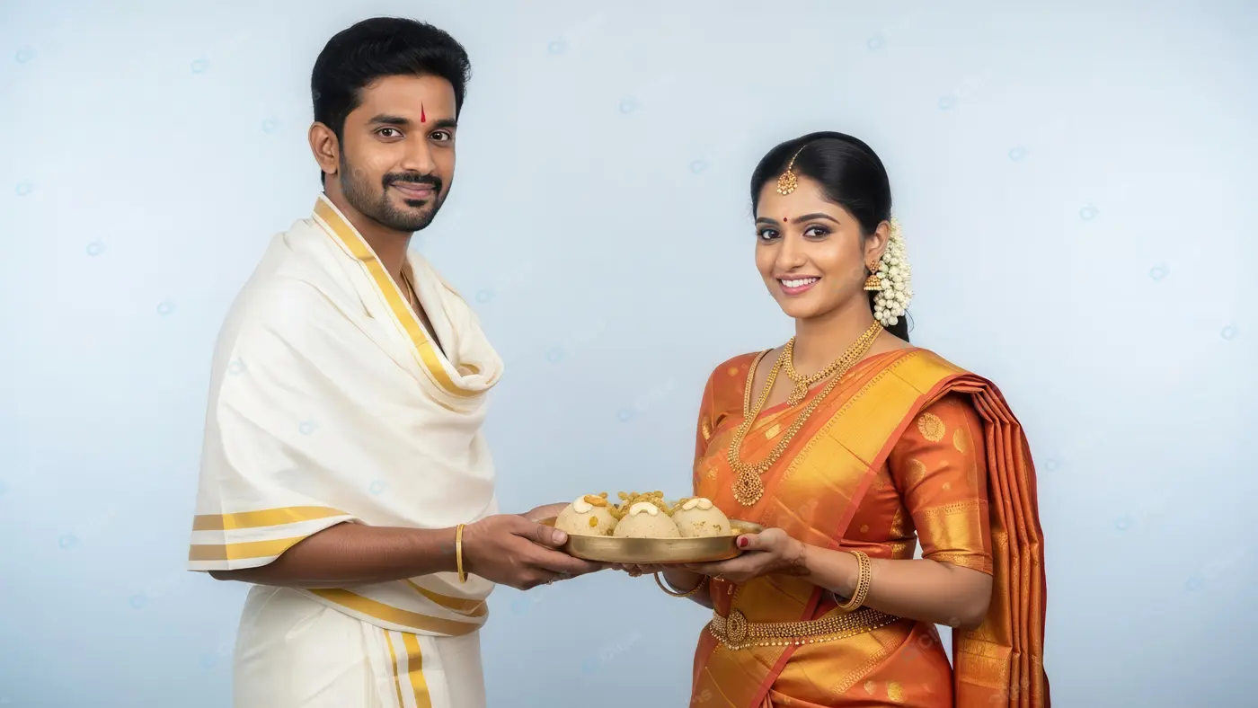 Traditional South Indian Couple Offering Sweets