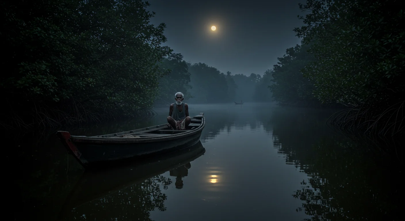Moonlit Ghostly Boatman in Haunted Backwaters – Horror Concept Art