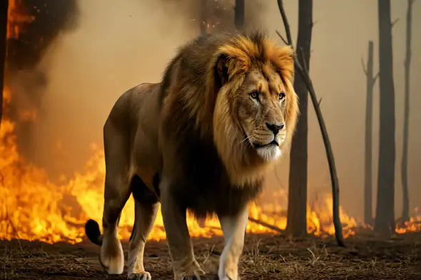 Lion in the Wild During a Forest Fire