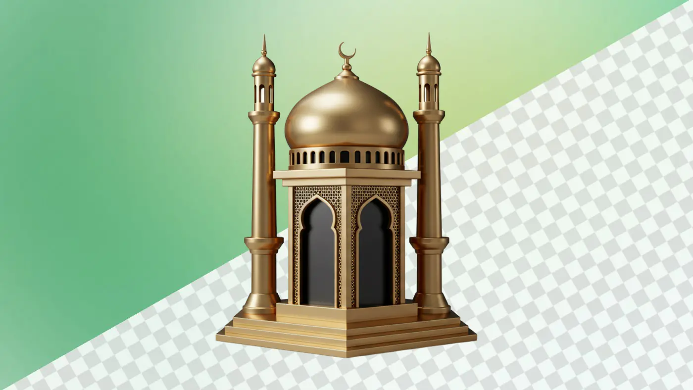 Golden mosque model with dome and minarets