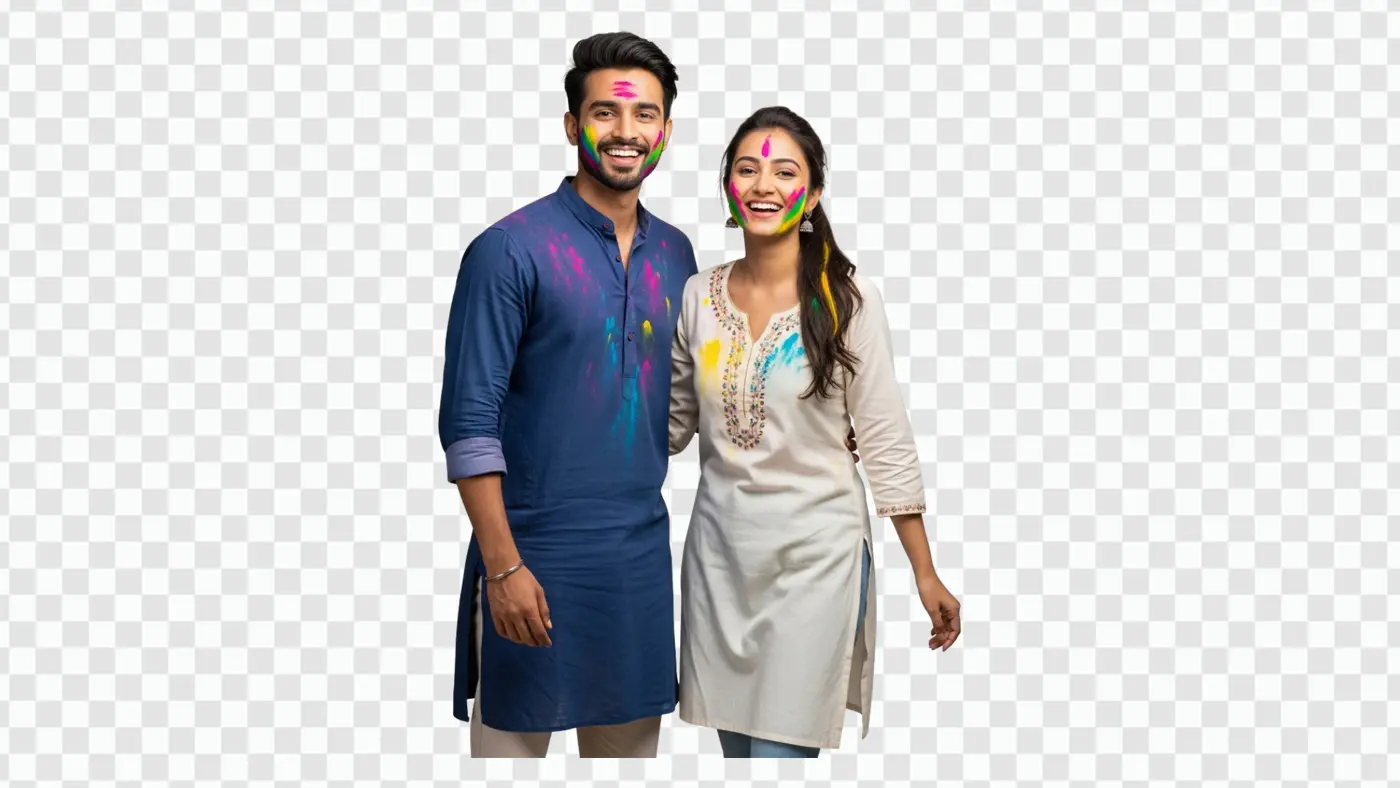 Joyful Young Indian Couple with Holi Colors PNG