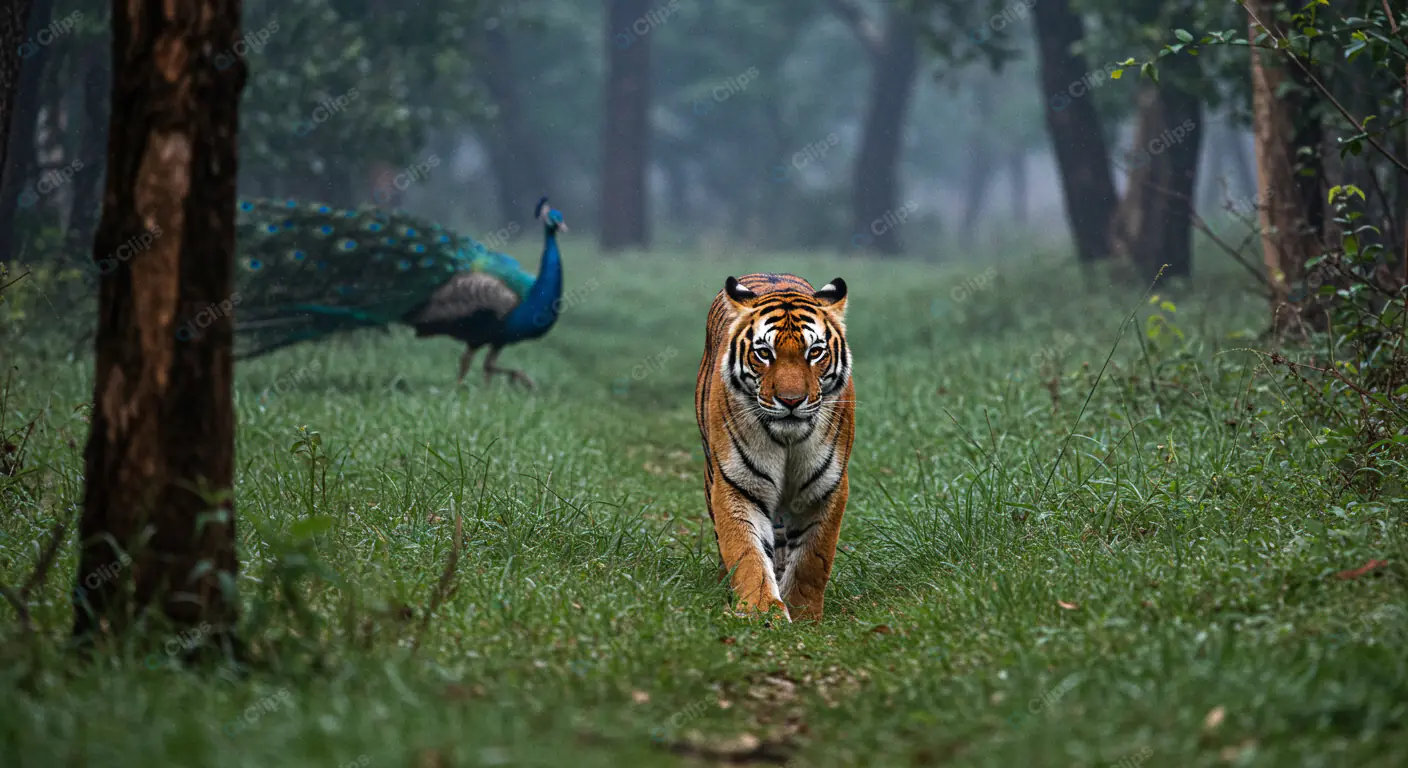 Majestic Tiger and Peacock in Misty Forest