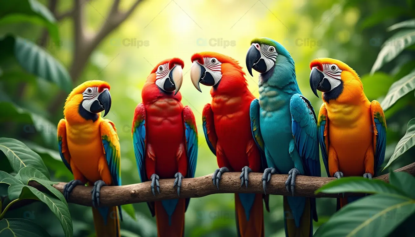 Colorful Flock of Macaws in a Lush Tropical Jungle