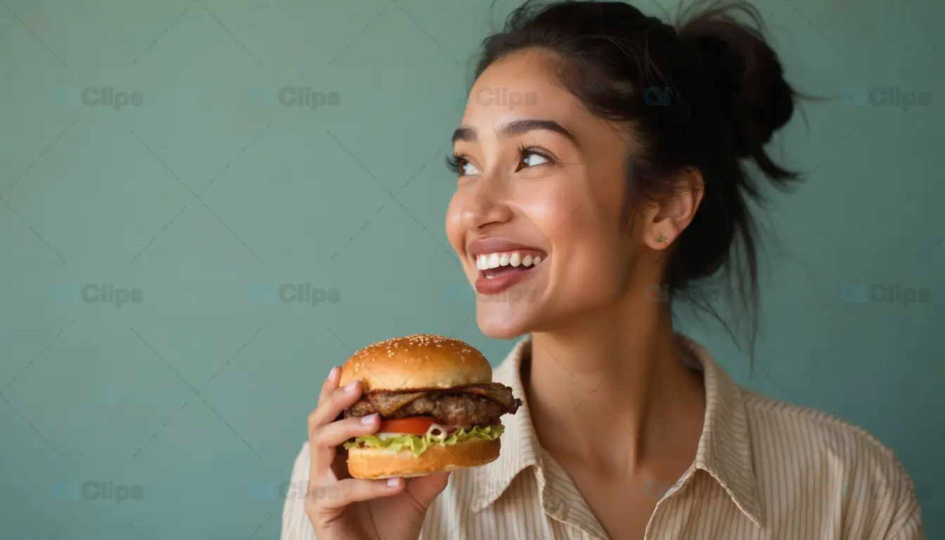 Smiling Woman with a Burger