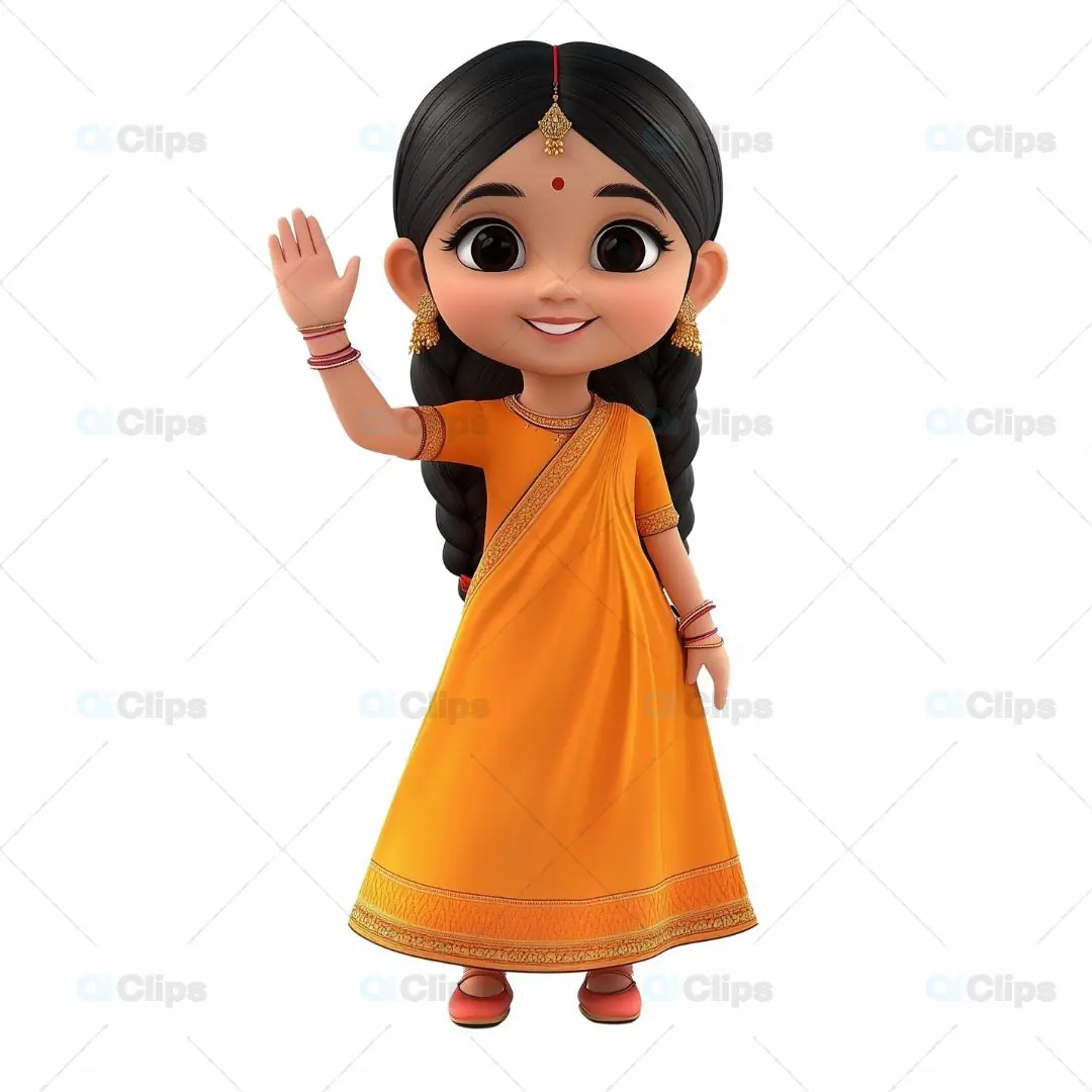 3D Indian Girl Avatar in Traditional Orange Saree