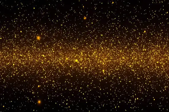 Shimmering Golden Particles Floating in Dark Space Background