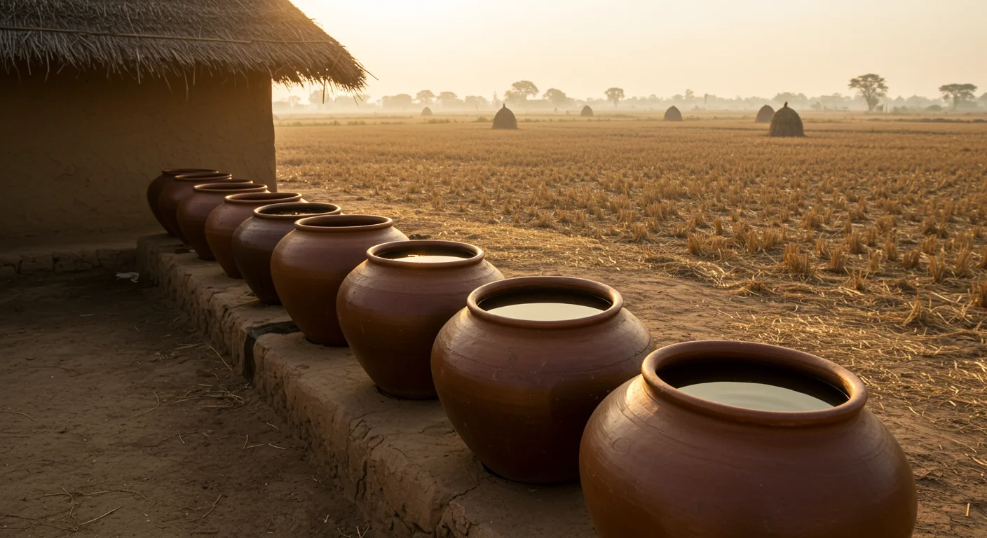 Clay Water Pots with Village Mud Hut and Harvested Field | Indian Rural Still Life by AIClips