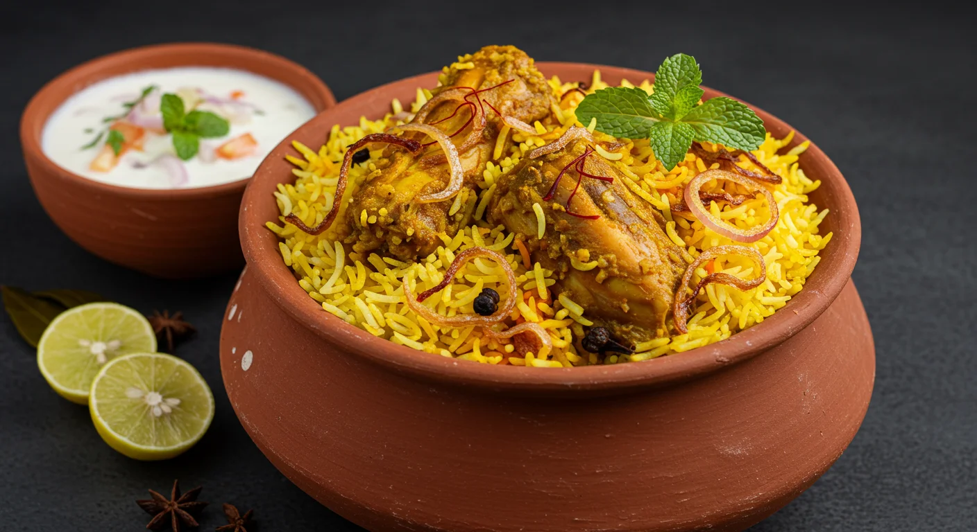 Authentic Chicken Biryani in Clay Handi with Raita | Indian Cuisine Visual | AIClips