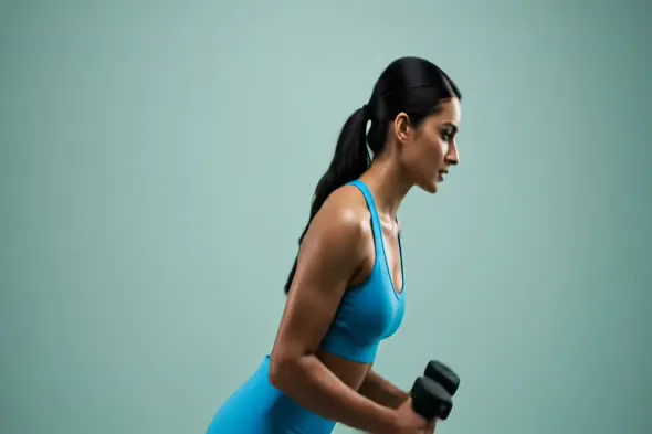 Focused Indian Woman in Blue Gymwear Performing Dumbbell Row