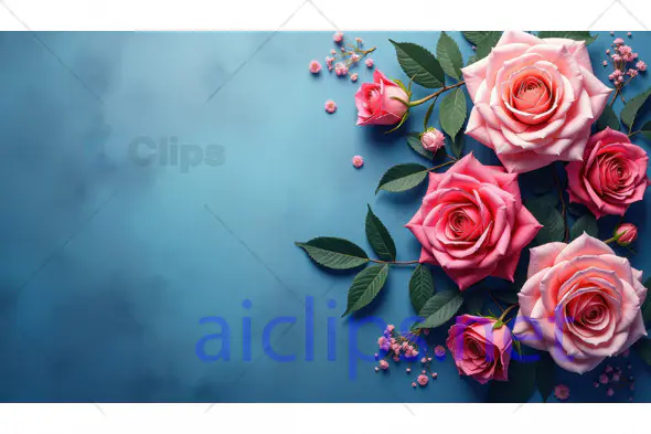 Pink Roses Floral Arrangement on Blue Background