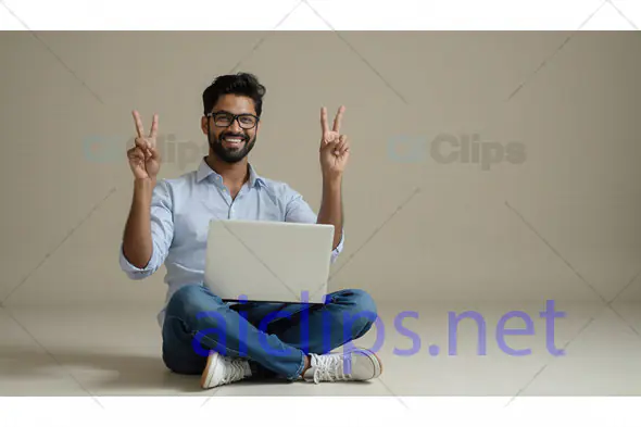 Smiling Man with Laptop Showing Peace Sign