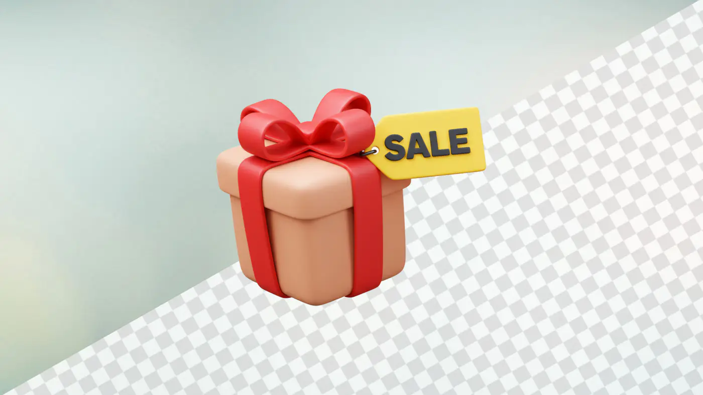 Gift box with red ribbon and sale tag