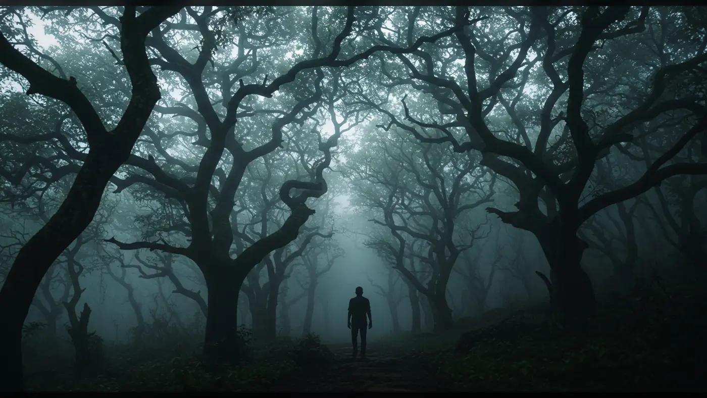 Lone Man in Haunted Forest – Atmospheric Horror Scene with Misty Trees