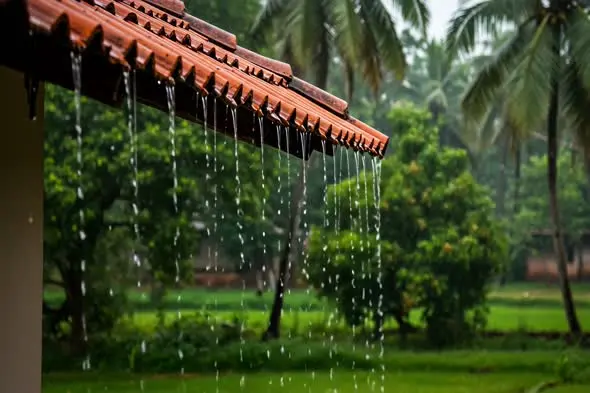Rain falling from tiled roof in tropical village