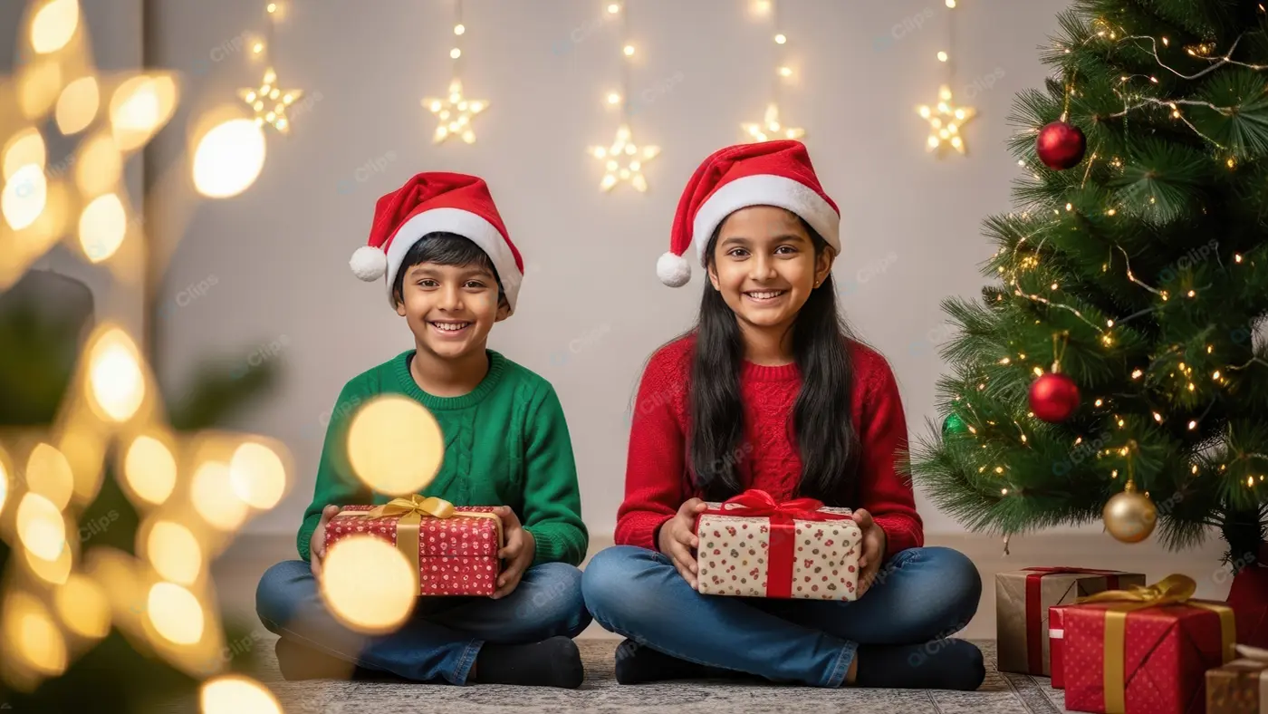 Excited Siblings with Christmas Presents
