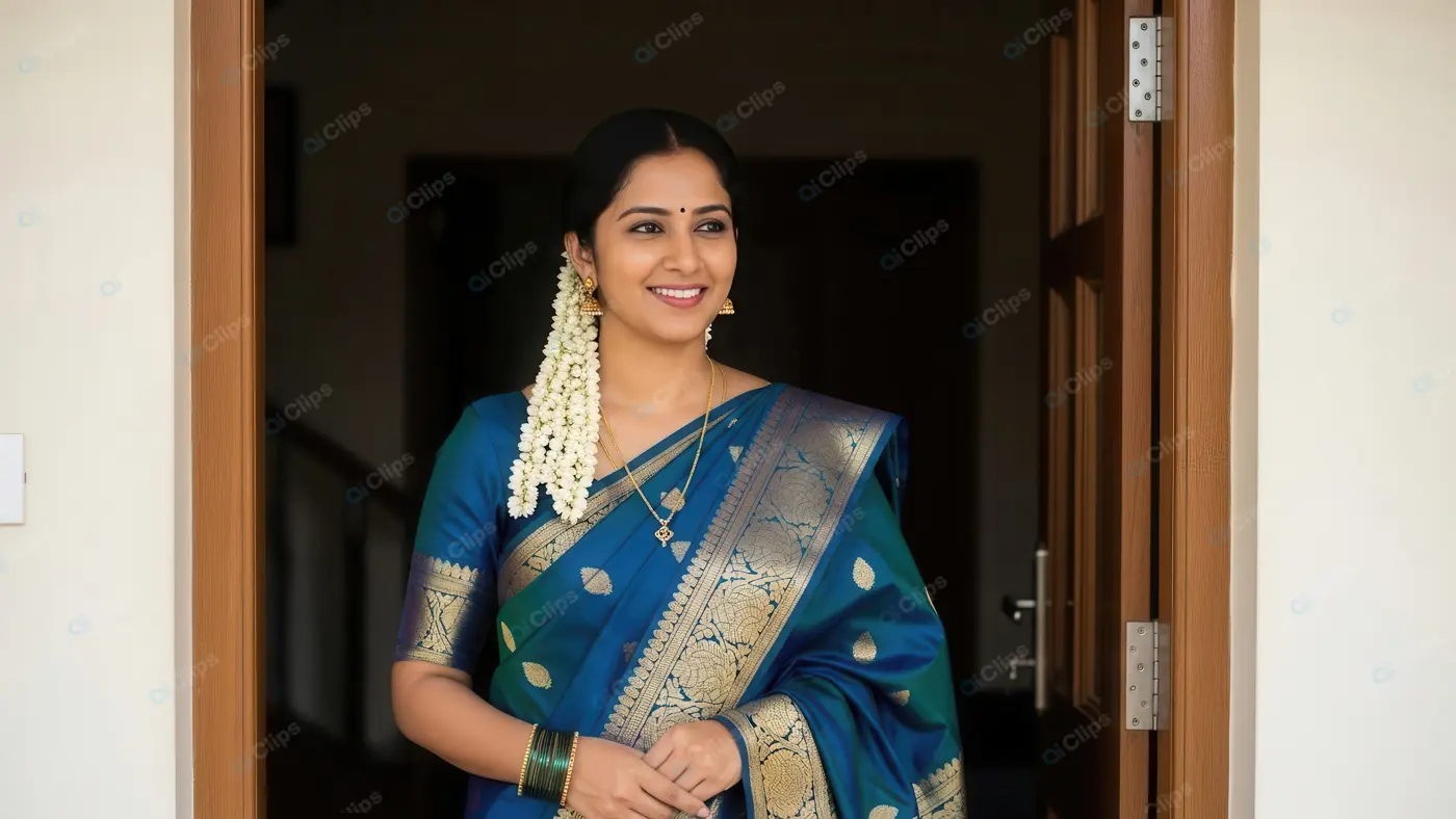 Elegant Indian Woman in Traditional Blue Saree