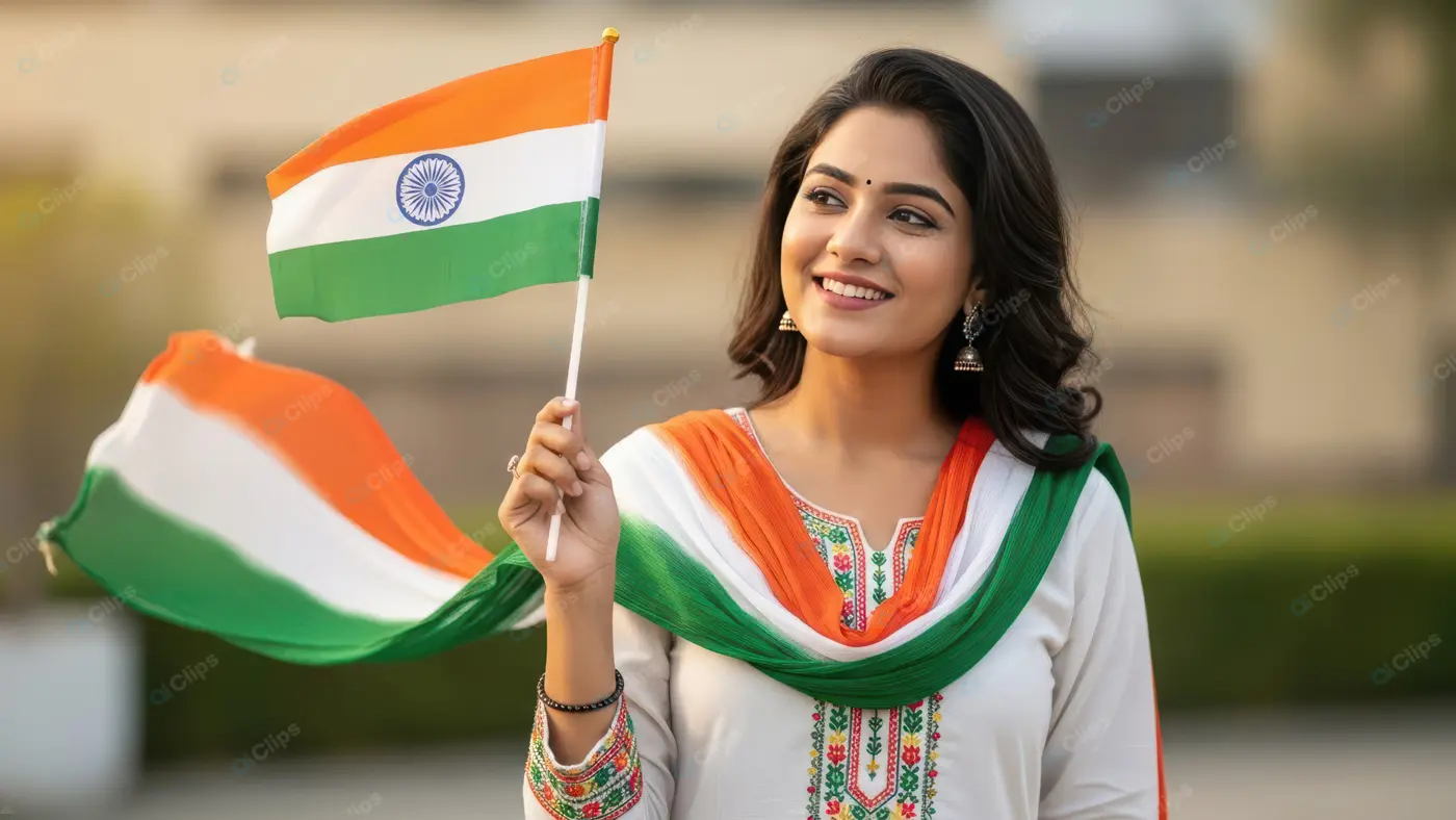 Joyful Indian Woman with Tricolour Flag