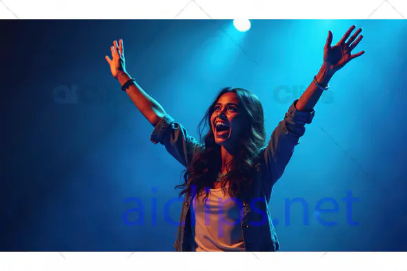 Excited Woman Celebrating with Raised Arms