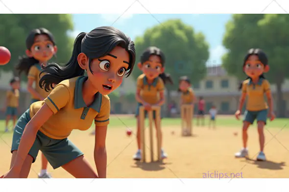 3D Cartoon Girls Playing Cricket on a School Ground