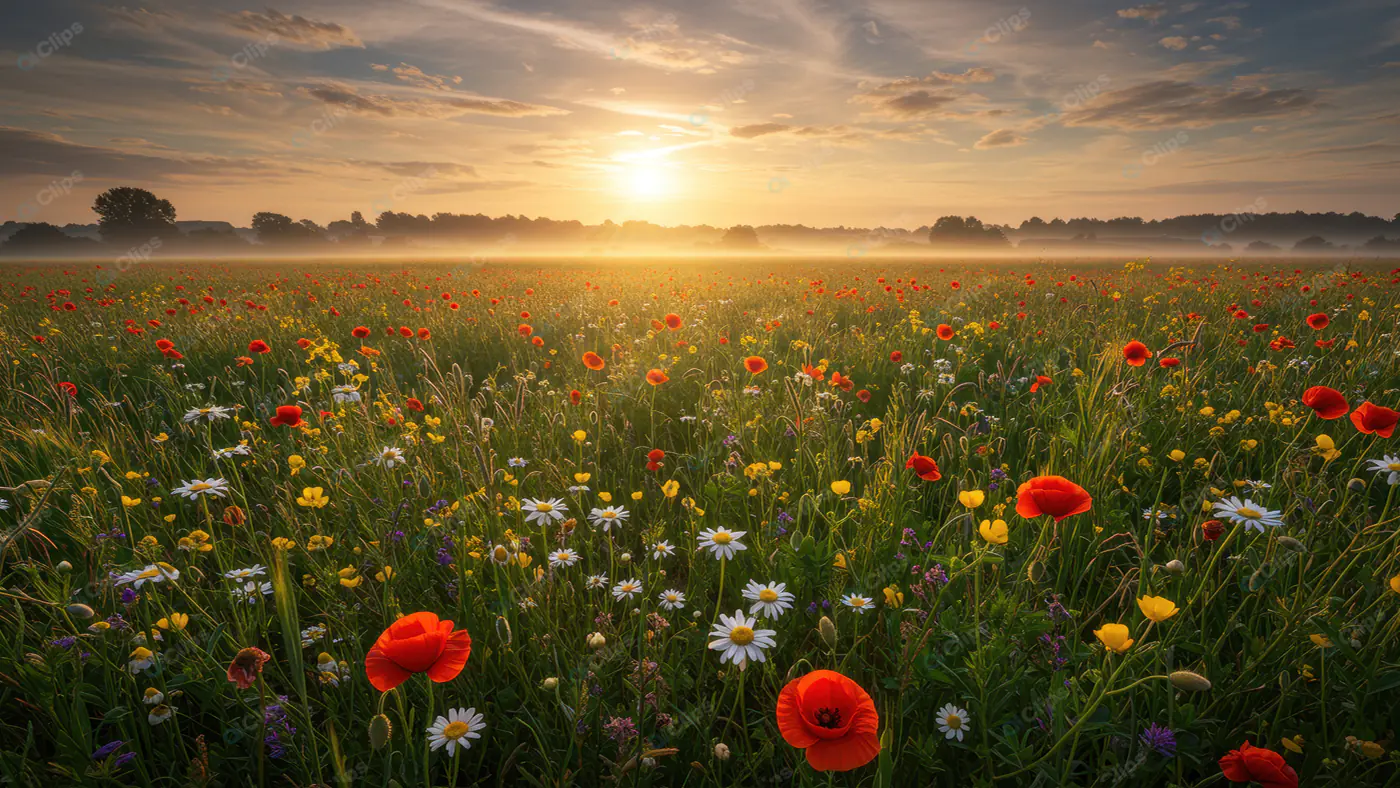 Misty Wildflower Meadow Sunrise