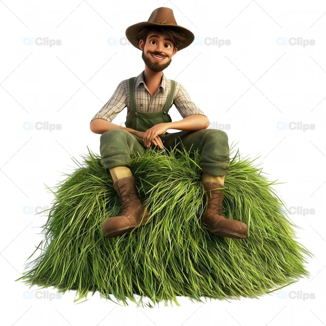 3D Happy Farmer Sitting on Grass Pile