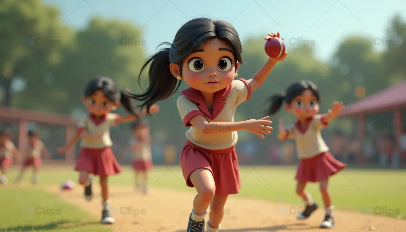 3D Cartoon Girls Playing Cricket on School Playground