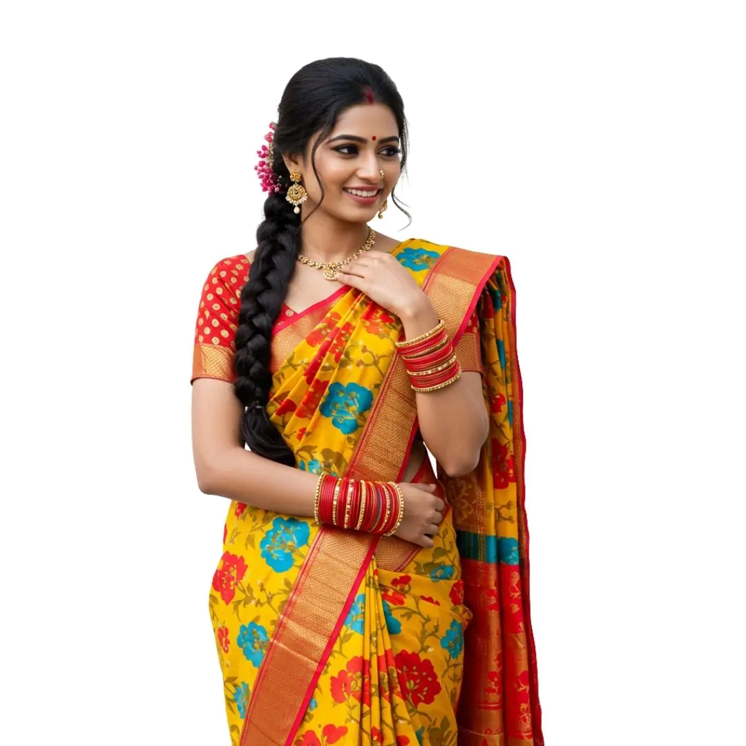 Woman in Vibrant Traditional Indian Saree PNG