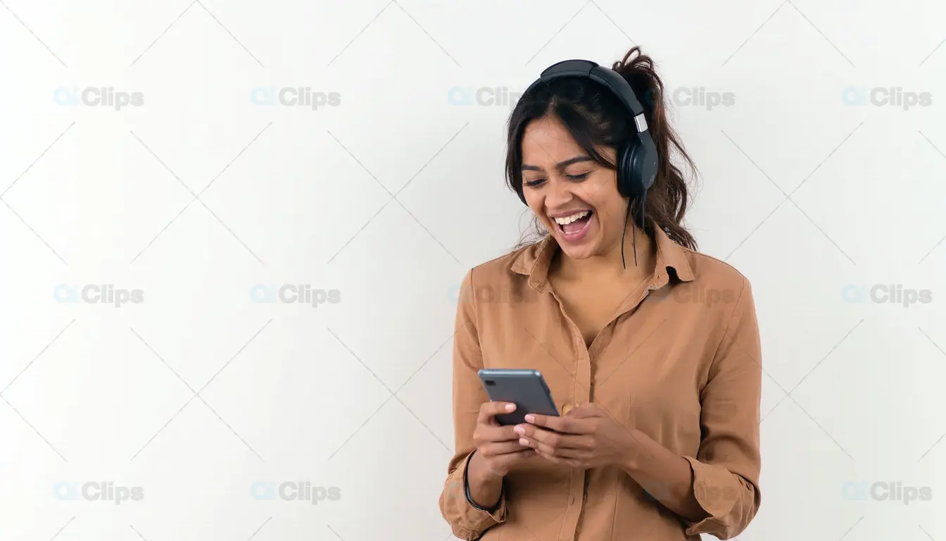 Excited Woman Listening to Music on Smartphone