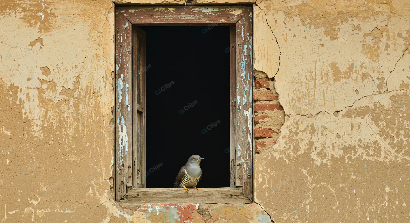 Solitary Bird in Weathered Window Frame