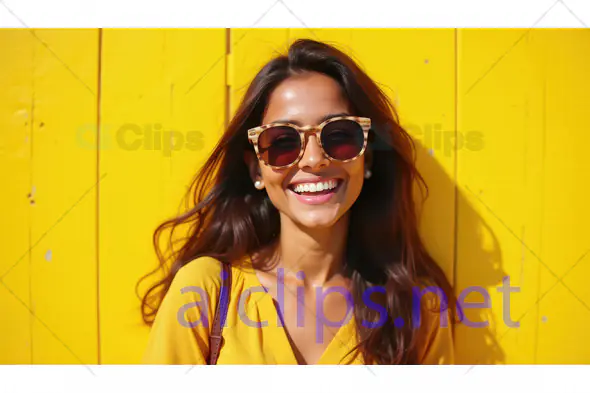Smiling Woman in Sunglasses Against Yellow Wall