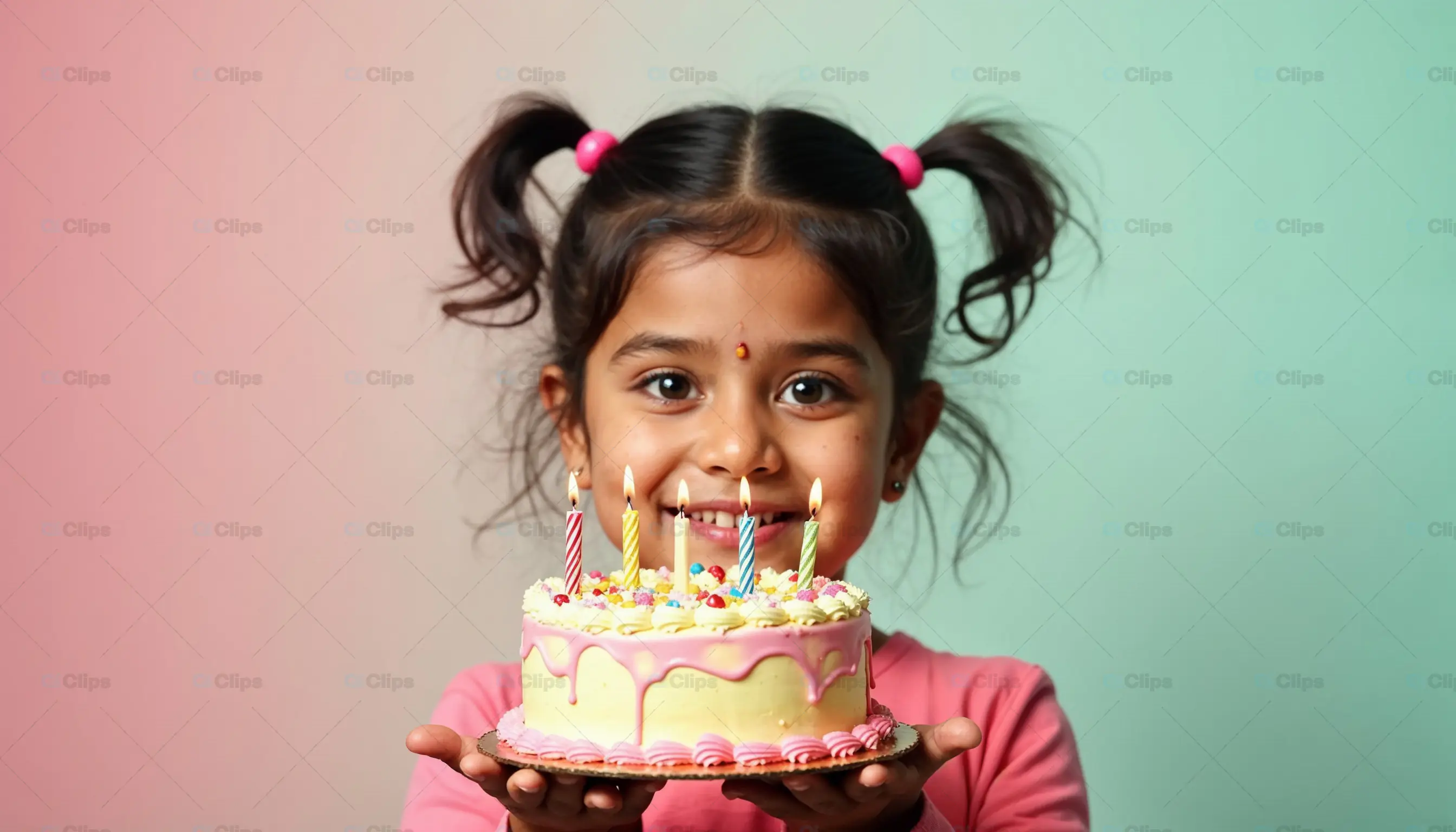 Smiling Girl Holding Birthday Cake with Candles