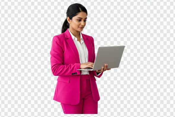 Confident Businesswoman in Pink Suit Using Laptop PNG