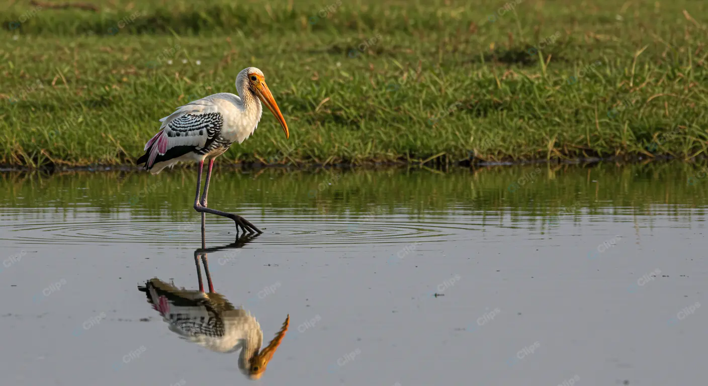Solitary Painted Stork in Serene Wetland