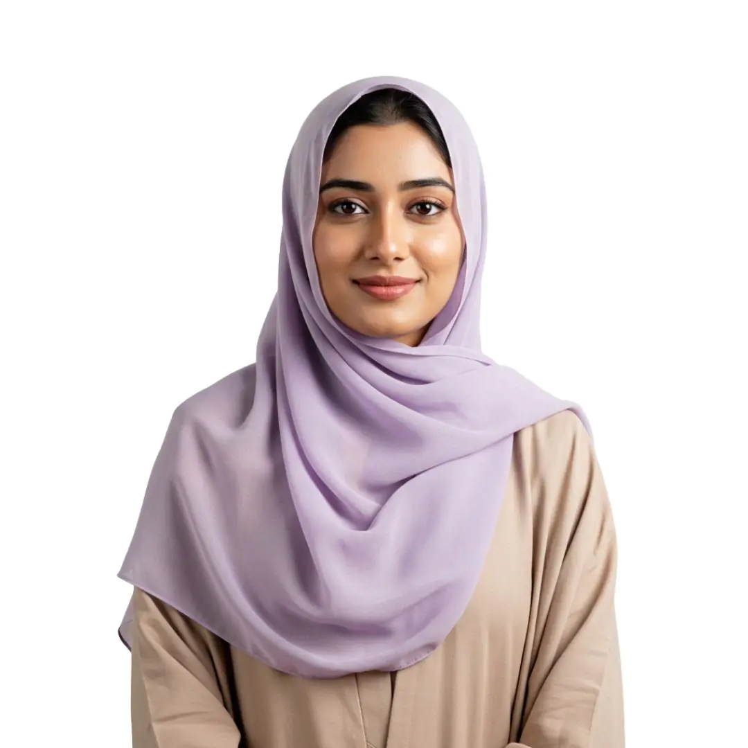 Confident Muslim Woman in Lavender Hijab PNG