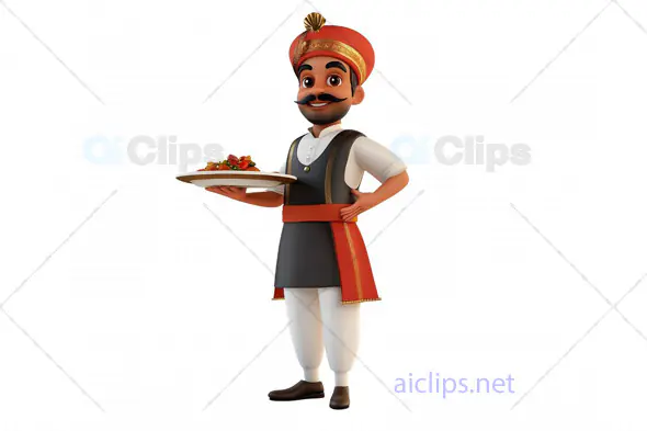 3D Traditional Indian Waiter Holding a Plate of Food