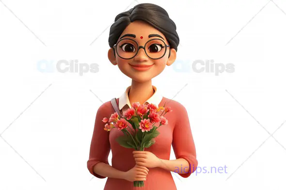 3D Indian Woman Avatar with Bouquet of Flowers