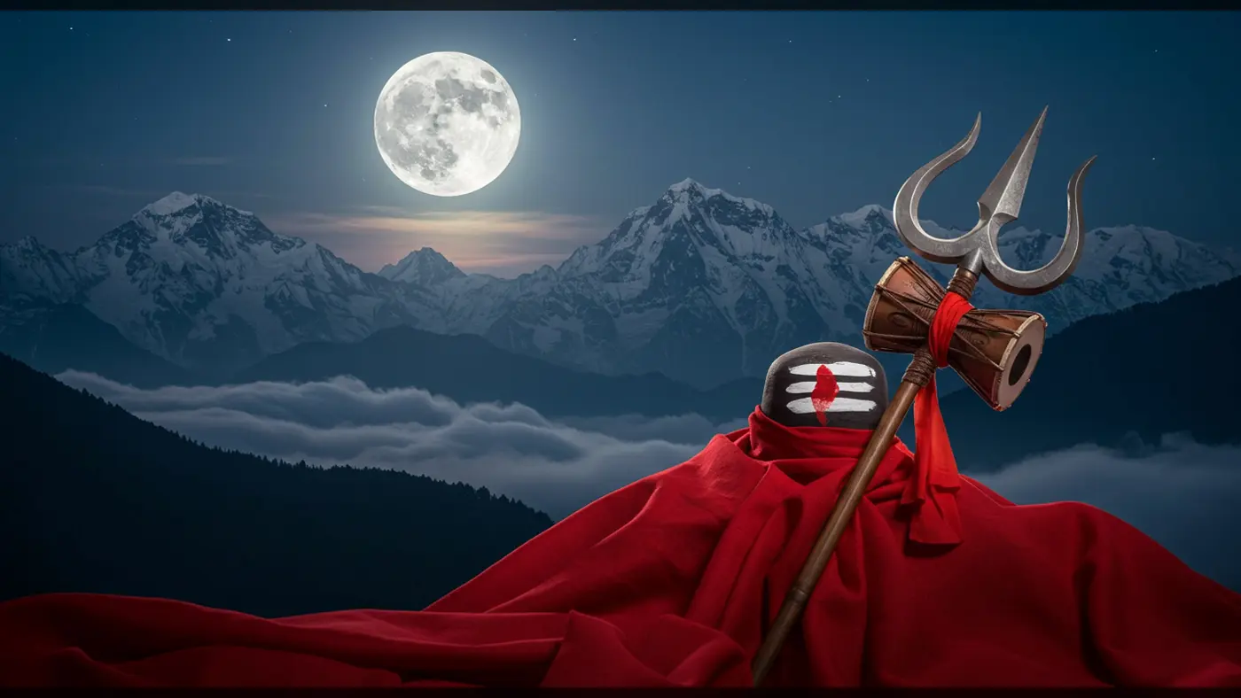 Lord Shiva Lingam with Trishul & Damru from Rear View | AIClips Devotional Moonlight Scene