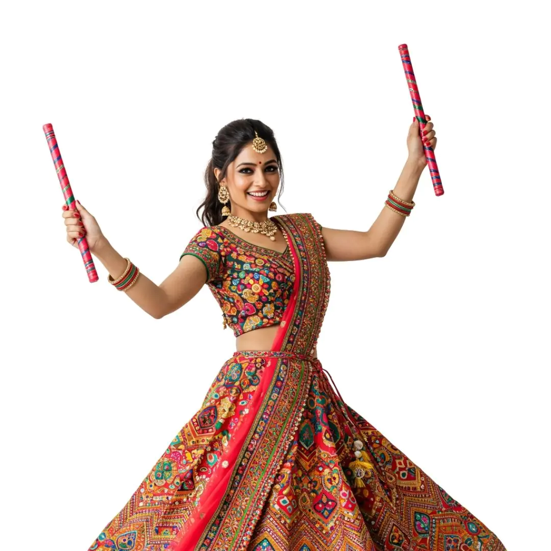 Smiling Indian Woman Holding Dandiya Sticks PNG Clipart
