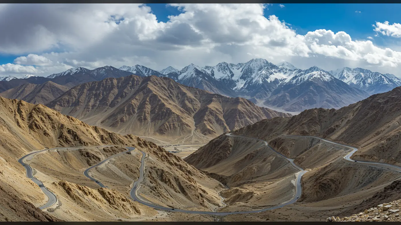 Winding Mountain Roads Amid Rugged Himalayan Terrain and Snow Peaks