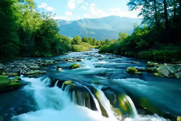 Scenic River Flowing Through Lush Forest with Mountain View