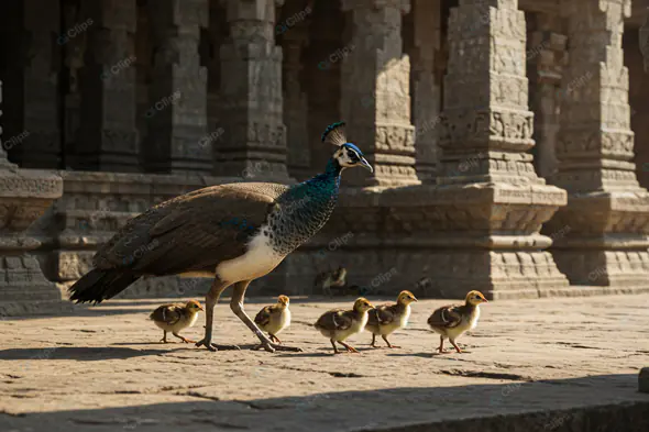 Peacock Family Parade at Ancient Temple