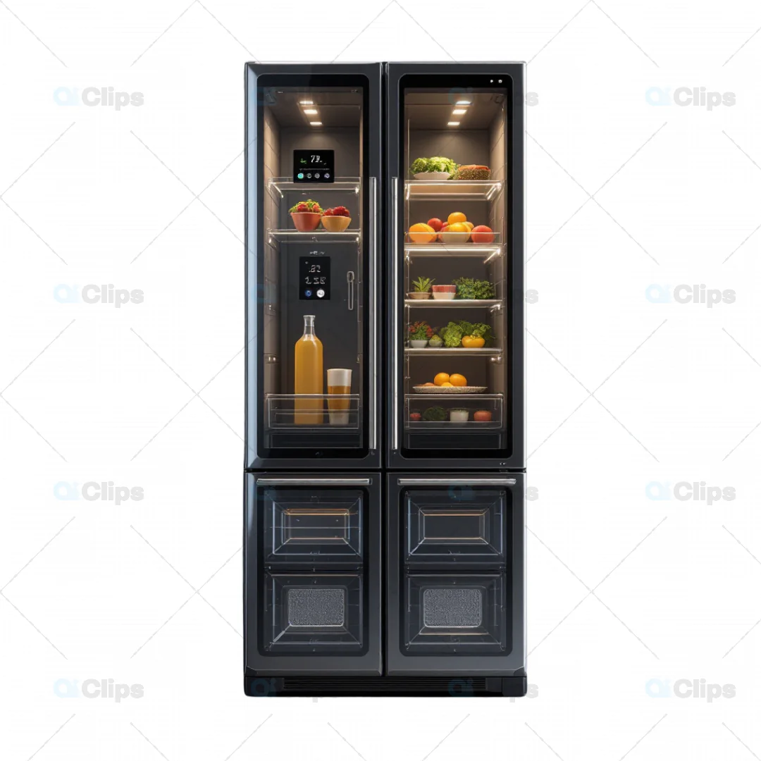 3D Smart French Door Refrigerator with Transparent Panels and Interior Lighting