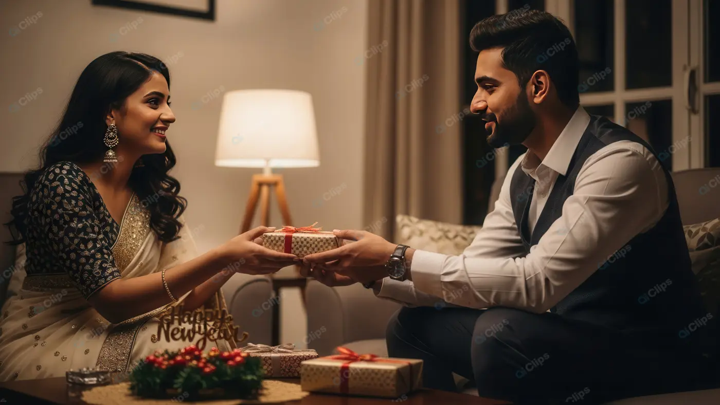Elegant Indian Couple Sharing a Festive Gift