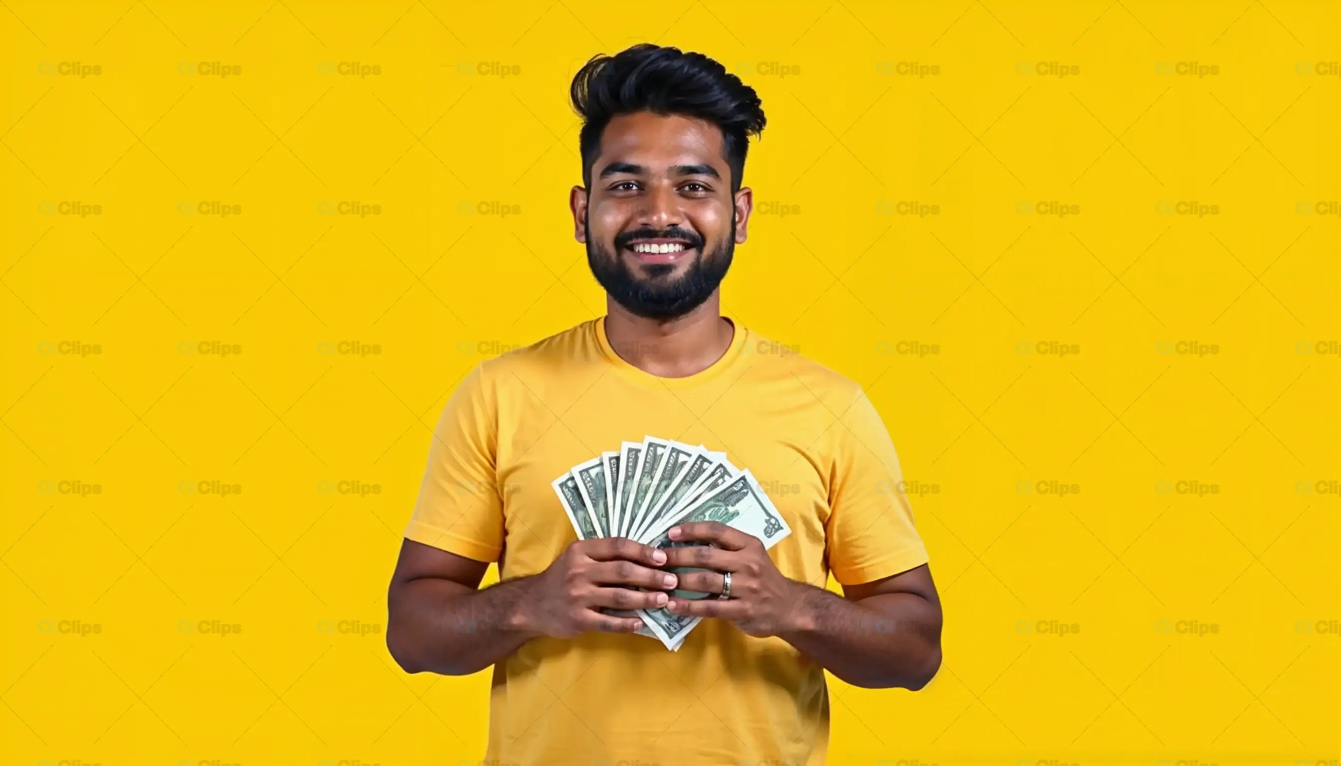 Smiling Man Holding Cash Fan