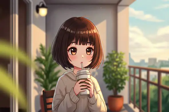 Anime Girl Sipping Drink on Balcony