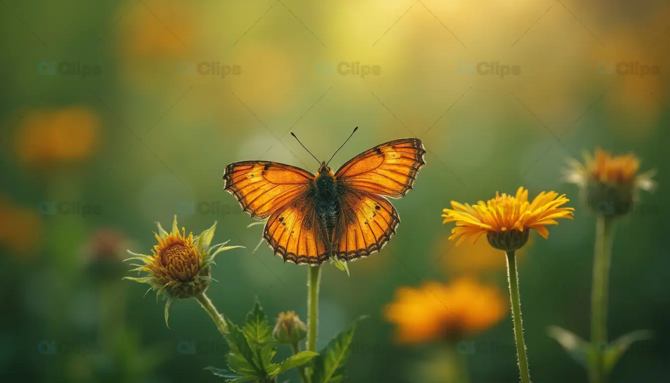 Orange Butterfly on Yellow Flowers
