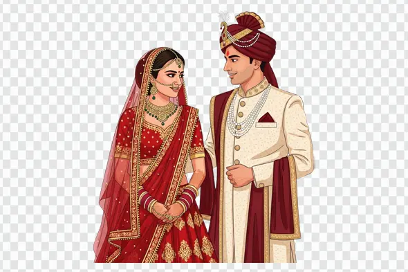 Elegant Indian Bride and Groom Wedding Clipart PNG