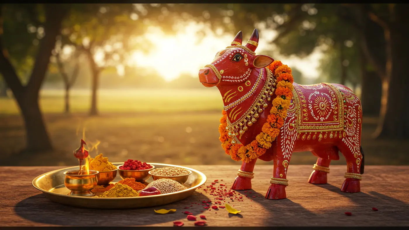 Golden Hour Pooja with Decorated Bull Idol (Bail Pola) and Fire Thali | AIClips Rural Devotion
